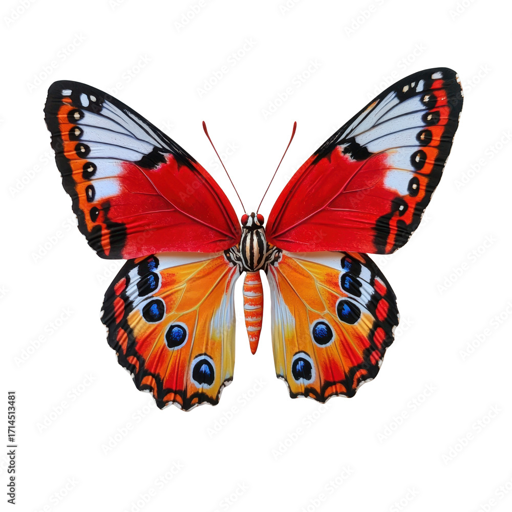 Naklejka premium Vibrant Butterfly with Red and Orange Wings Displaying Intricate Patterns Against a Solid Background transparent background