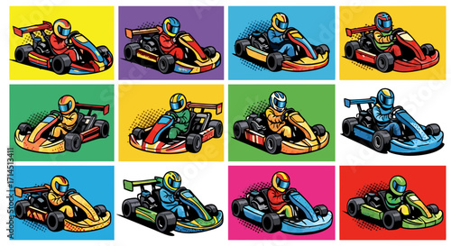 A vector illustration set featuring colorful racing karts in a clean isometric projection. Perfect for game assets, infographics, and modern technical designs.