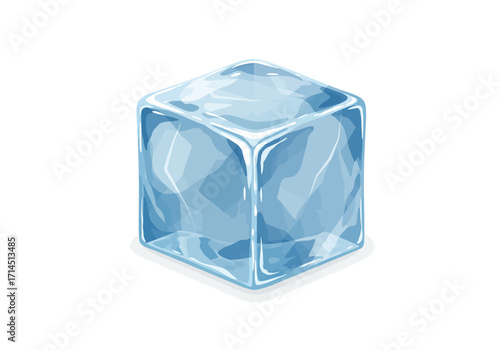 An ice cube with light blue tints and highlights casting a small shadow on a white surface