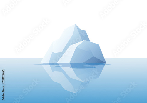 An iceberg floats in a calm reflective blue ocean beneath a white sky a stylized illustration