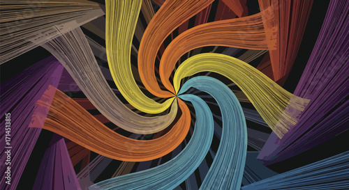 Abstract colorful swirling vortex pattern with layered ribbons forming dynamic motion and optical illusion in modern design.