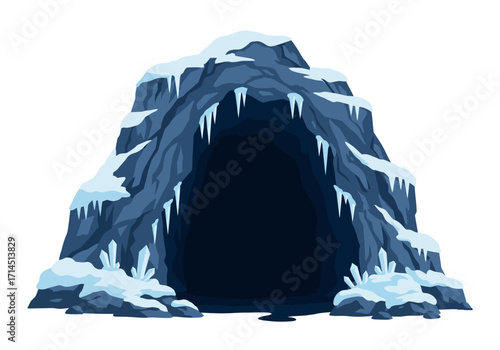 Ice cave entrance jagged edges snow caps icicles hang above dark opening crystals cluster near ground
