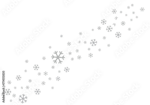 Grey snowflakes of various sizes scattered across a white background appearing to drift diagonally from lower left to upper right