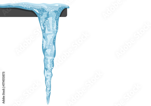 Ice stalactite hanging clear with texture mounted on a dark ledge