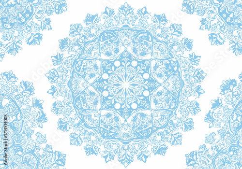 Lightblue floral mandala with a complex layered design on a white background