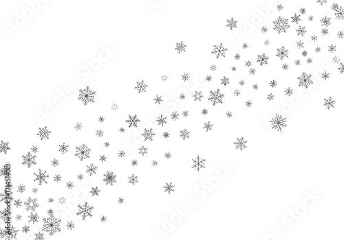Scattered array of gray snowflake graphics diagonally oriented against a white background
