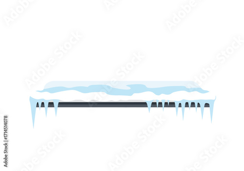 Snow and icicles hang from a gray ledge or roof with a light blue accenting the snow
