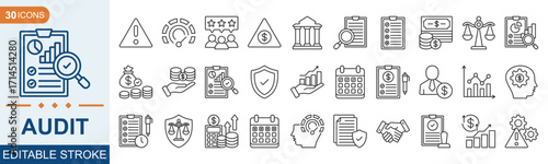 Minimalist Audit line icons set with editable stroke. Finance, report, management, approved, market, featuring law, budget, financial risk, monitoring, specialist, safety. Illustration eps 10
