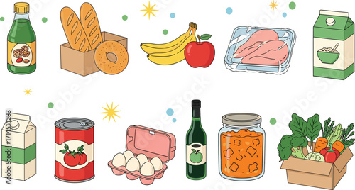 Fresh and packaged food assortment in a supermarket. Colorful fruits, vegetables, dairy, bakery, meat, seafood, and pantry staples. Healthy lifestyle and grocery shopping concept. Vector illustration