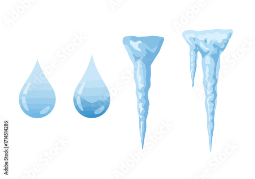 Two water droplets and two icicles are depicted against a white background