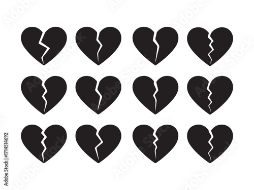 Collection of twelve black broken heart icons symbolizing love loss and emotional pain silhouette