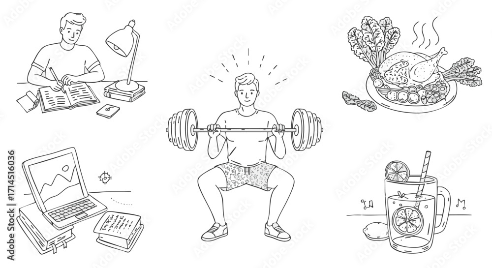 Obraz premium Healthy Lifestyle Choices Balancing Work, Exercise, and Nourishment for Optimal Wellness and Balance