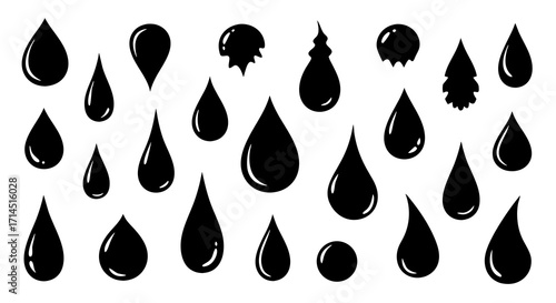 A versatile collection of simple, hand-drawn black ink or paint drop silhouettes. These organic, imperfect shapes are perfect for rustic designs, creative projects, and basic graphic elements.