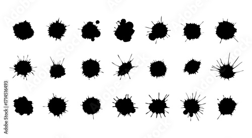 A set of abstract black ink blot splatters resembling a Rorschach test. The delicate, bleeding edges mimic ink soaking into paper, perfect for psychological concepts, art projects, and textures.
