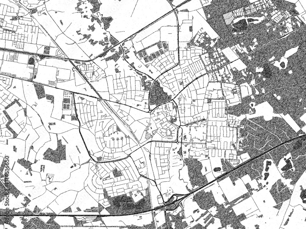Naklejka premium Detailed black and white map of Geldrop, Netherlands, in artistic sketch style.