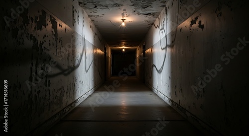 Wallpaper Mural Gloomy corridor in an abandoned building, Decay and darkness in an old hallway with peeling paint Torontodigital.ca