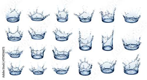 A set of realistic water and liquid splashes inside a glass container. Perfect for beverage advertising, drink menus, and illustrating concepts like dropping an ice cube into a drink or pouring liquid