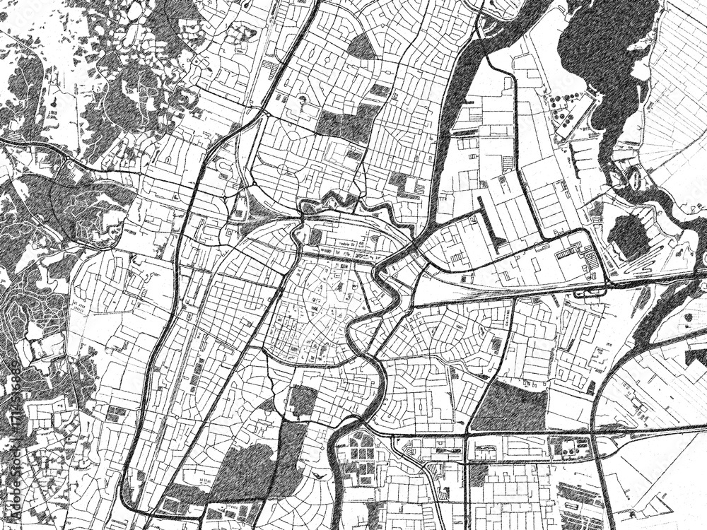 Fototapeta premium Decorative black and white map of Haarlem, Netherlands, rendered in sketch-like style.