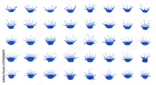 A collection of various blue water crown splashes and droplet impacts. This versatile vector set is perfect for creating animations, icons, liquid effects, and representing freshness