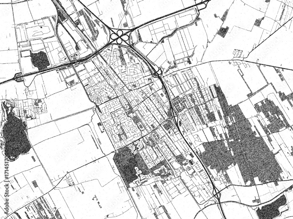 Naklejka premium Decorative monochrome illustration of Heerenveen, Netherlands, showing its detailed grid.