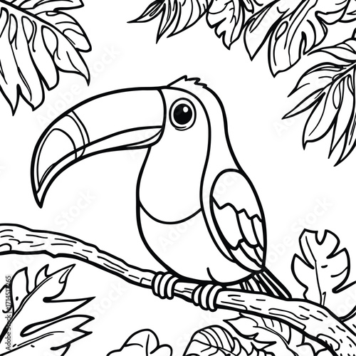 Coloring page of a toucan perched on a branch surrounded by tropical leaves in a black and white outline