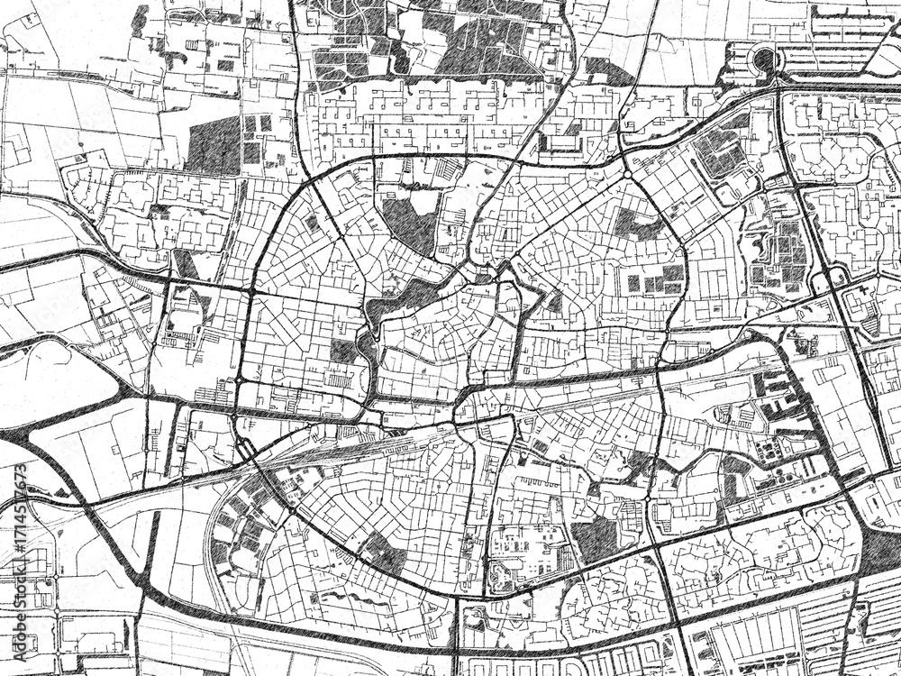 Fototapeta premium Minimal poster-style map of Leeuwarden, Netherlands, hand-drawn in monochrome.