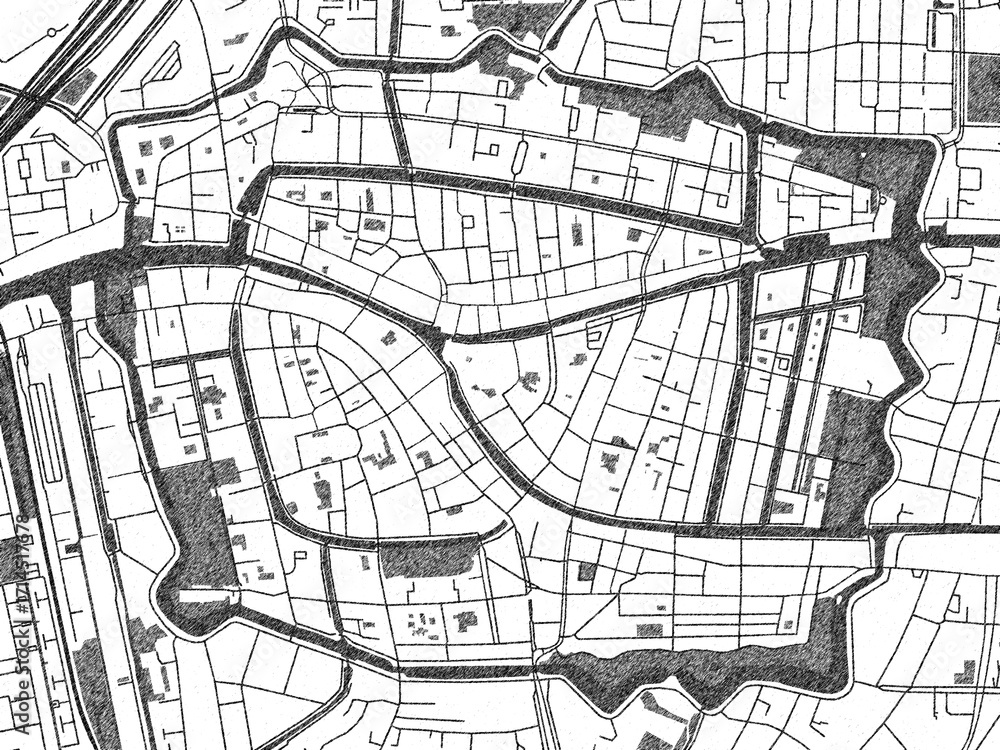 Naklejka premium Minimalist monochrome city map of Leiden Centrum, Netherlands, illustrated with urban detail.