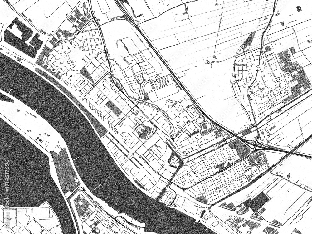 Naklejka premium City map illustration of Maassluis, Netherlands, rendered in black and white sketch style.