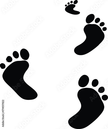 Isolated black footprints of varying sizes on a white background showing a path or direction indicated