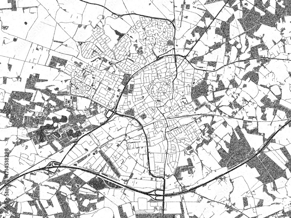 Naklejka premium Illustrated city map of Oldenzaal, Netherlands, in black and white, showing roads and textures.