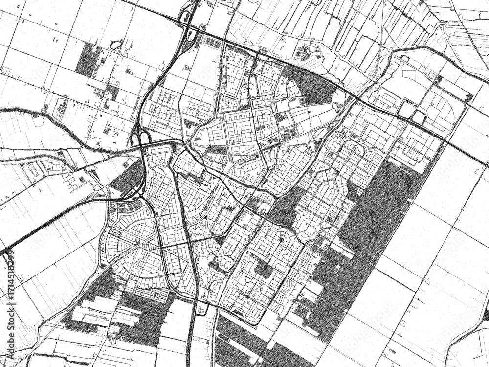 Naklejka premium Detailed black and white map of Purmerend, Netherlands, in artistic sketch style.