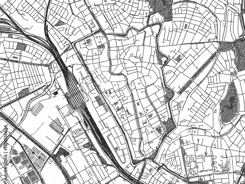Obraz premium Illustrated city map of Utrecht Centrum, Netherlands, in black and white, showing roads and textures.