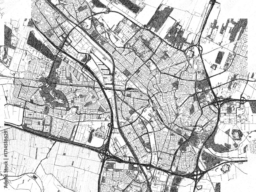Naklejka premium Detailed artistic sketch map of Utrecht, Netherlands, in monochrome black and white.
