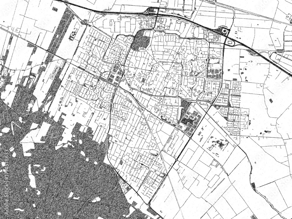 Naklejka premium Illustrated map of Veenendaal, Netherlands, in black and white hand-drawn digital style.