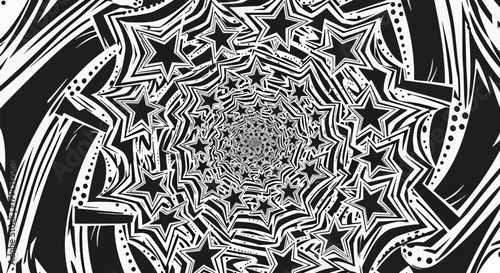 Complex black and white kaleidoscope star mandala design with layered abstract symmetry and decorative detail.