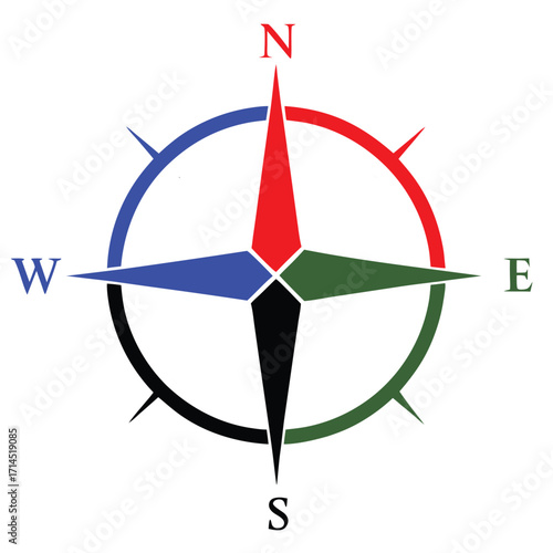  Illustration of Colorful Compass Rose Icon for Navigation and Direction on white background.