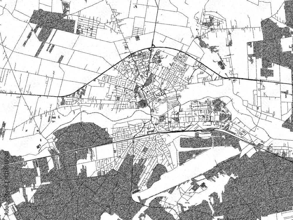 Fototapeta premium Black and white illustrated map of Biala Podlaska, Poland, with streets, rivers, and neighborhoods.