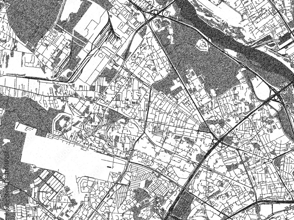 Fototapeta premium Black and white illustrated map of Bielany, Poland, with streets, rivers, and neighborhoods.