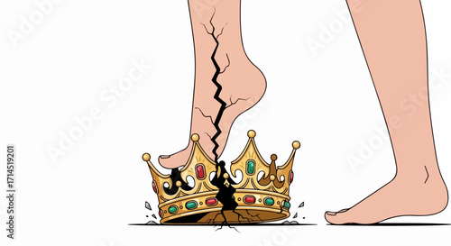 Illustration of feet crushing a crown, isolated on white background, symbolizing overthrow of power, rebellion, and the fragility of authority