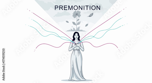 Illustration of a woman with the word premonition isolated on white background, representing intuition and future events