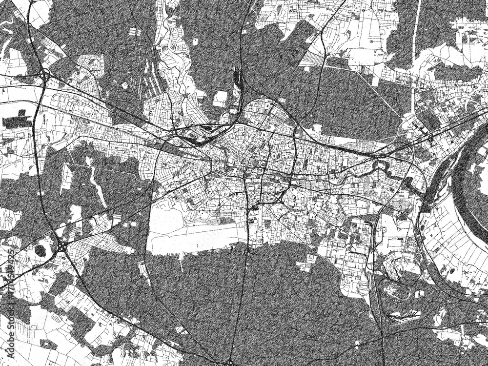 Fototapeta premium Black and white illustrated map of Bydgoszcz, Poland, with streets, rivers, and neighborhoods.