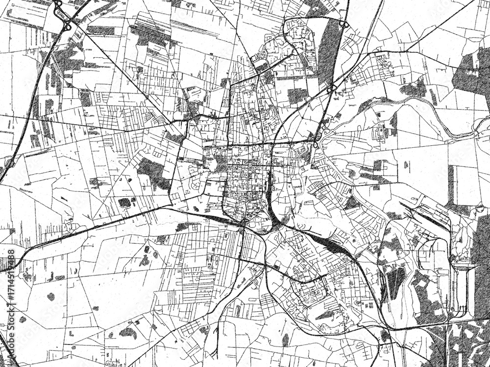 Naklejka premium Stylized decorative city map of Czestochowa, Poland, hand-drawn in black and white.