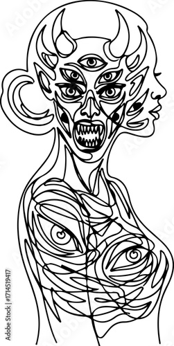 Intricate line art of a multieyed, horned figure with a second face, isolated on white background, embodying surreal and abstract themes