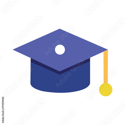 Illustration of a blue graduation cap with a yellow tassel isolated on white background for education and academic concept