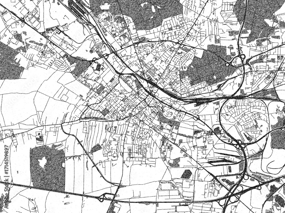 Naklejka premium Black and white cartographic illustration of Gliwice, Poland, in hand-drawn sketch form.