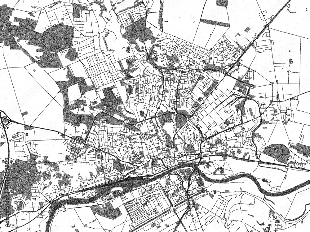 Naklejka premium Illustrated city map of Gorzow Wielkopolski, Poland, in black and white, showing roads and textures.