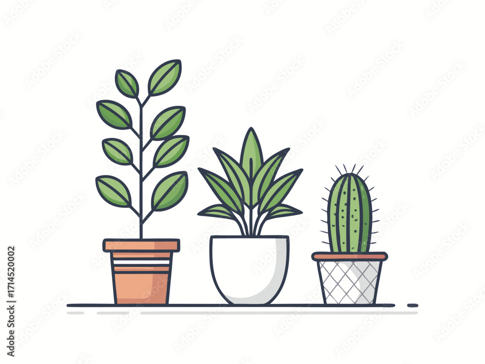 Fototapeta premium Illustration of three potted plants, featuring a variety of plant types including a cactus, showcasing different pot designs and creating a serene botanical scene