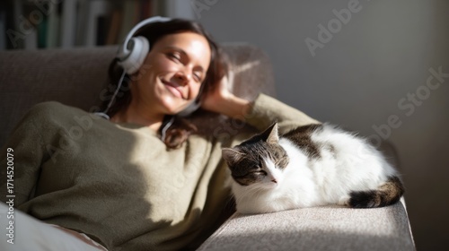 Woman relaxes on sofa with headphones, enjoying music while cat rests beside her, creating peaceful atmosphere
