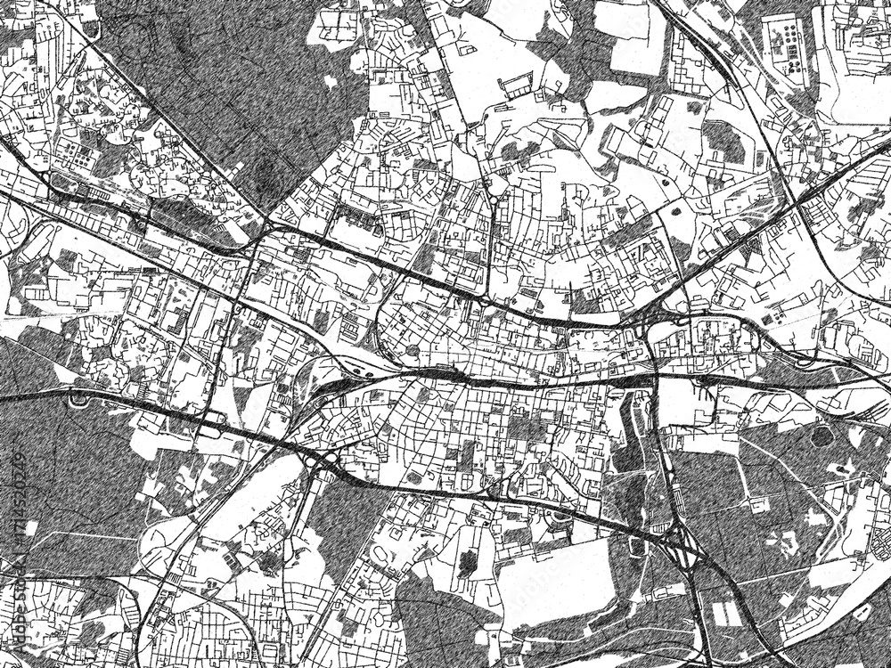 Naklejka premium Illustrated city map of Katowice, Poland, in black and white, showing roads and textures.