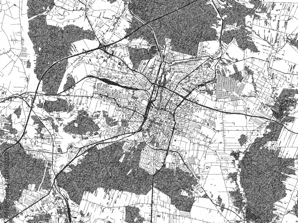 Fototapeta premium Minimal poster-style map of Kielce, Poland, hand-drawn in monochrome.